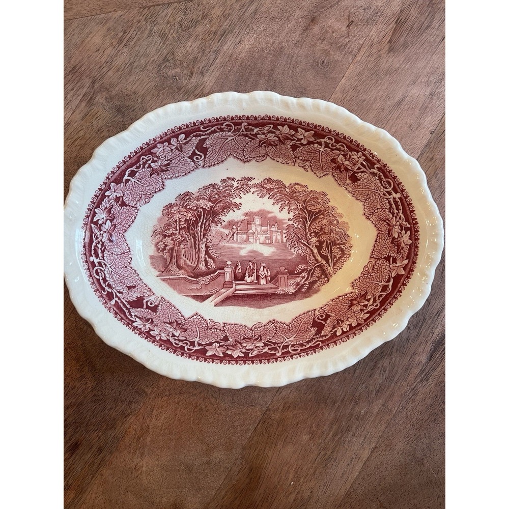 Antique Masons Vista Pink Red 9.5" Vegetable Oval Bowl Ironstone England Cottage